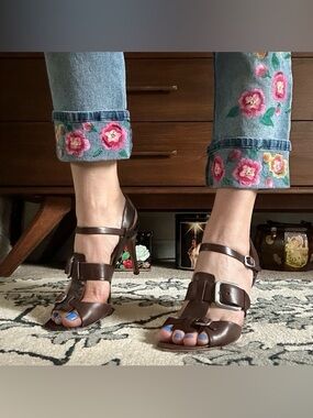 Cole Haan Brown Leather 3” Heel Sandals Size 7 Silver Adjustable Buckle